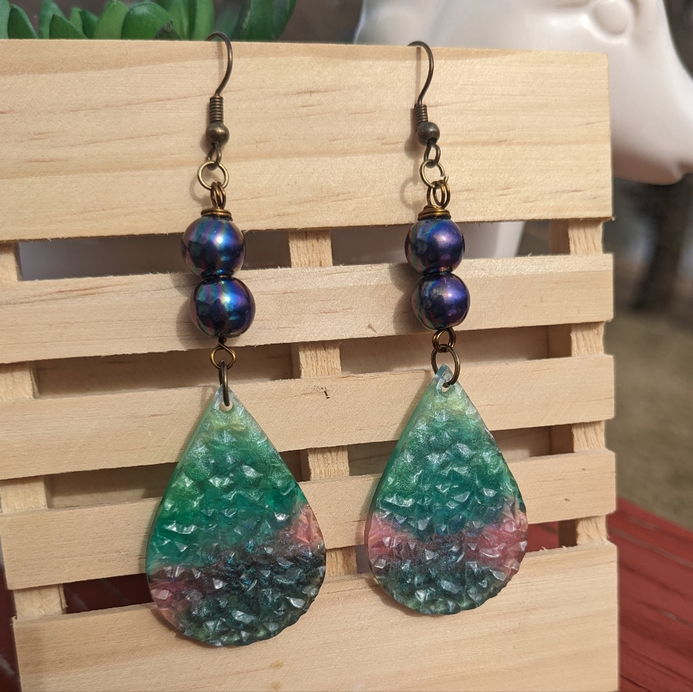 Druzy Resin Teardrop Earrings Handmade Dangle Purple Beads Teal Cute Jewelry